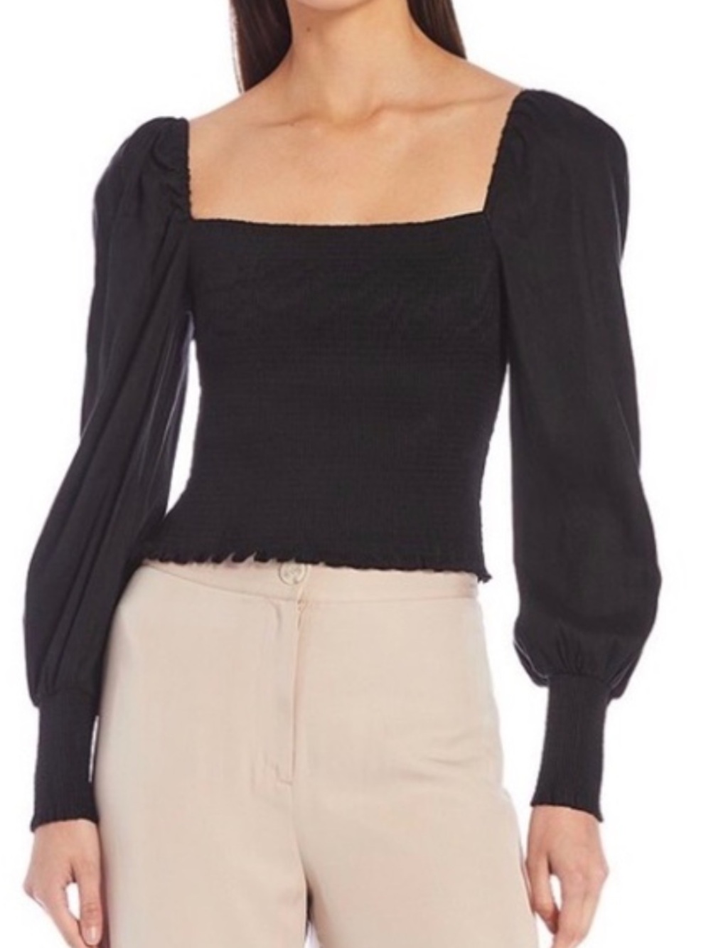 Gianni‎ Bini Black Square Neck Long Sleeve smocked Top blouse Sz L